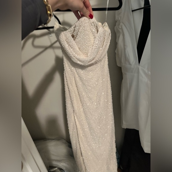 Oh Polly Verbier Embellished Bandeau Cowl Neck Midi Dress in Ivory - Picture 3 of 4